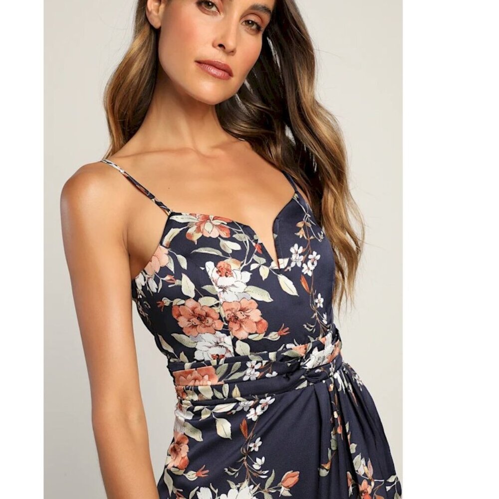 Lulus My Favorite Day Navy Blue Floral Print Tulip Skirt Midi Dress Small NWT - Picture 3 of 7